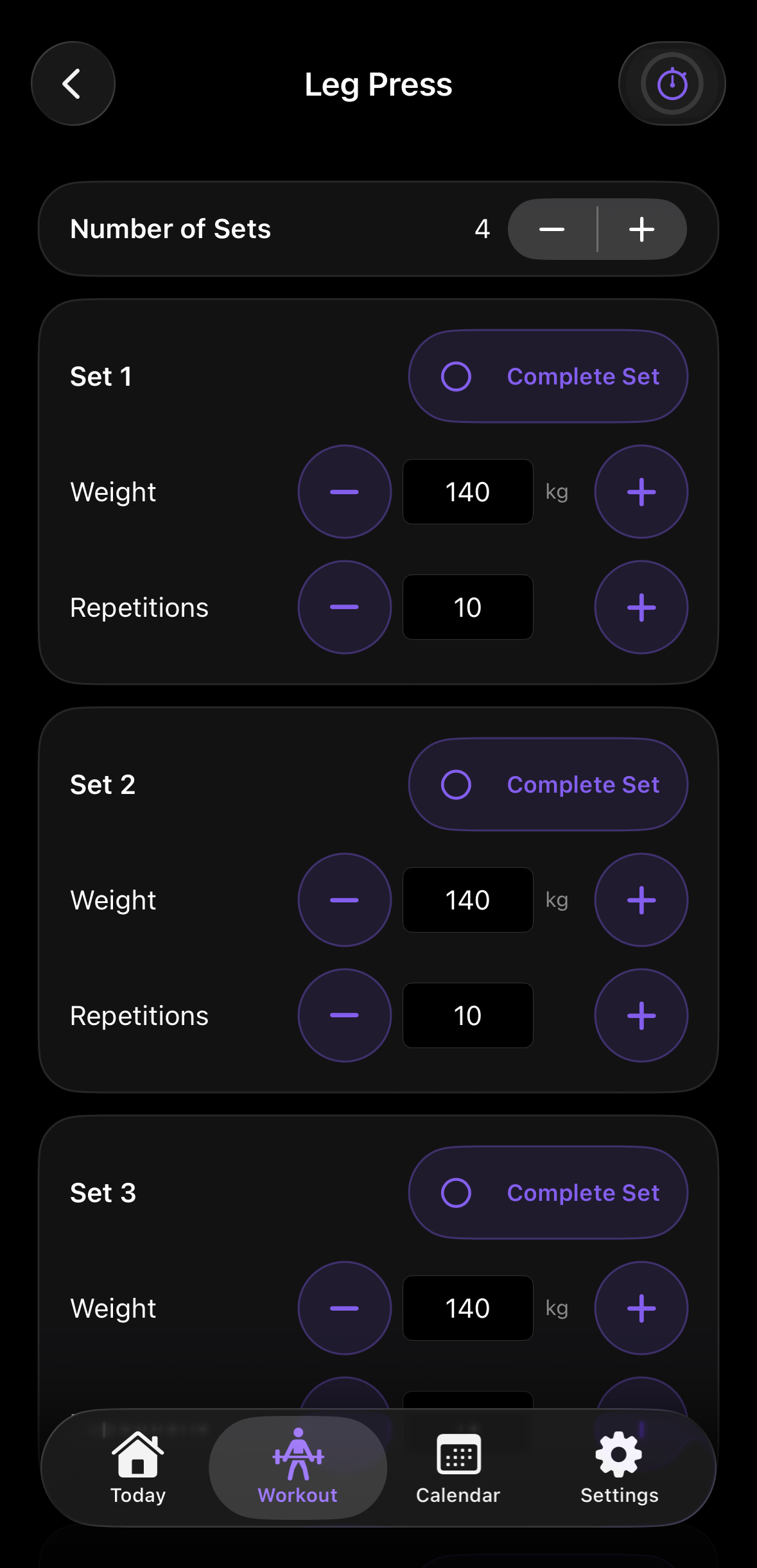 Gym2Scroll set view with quick weight and rep controls