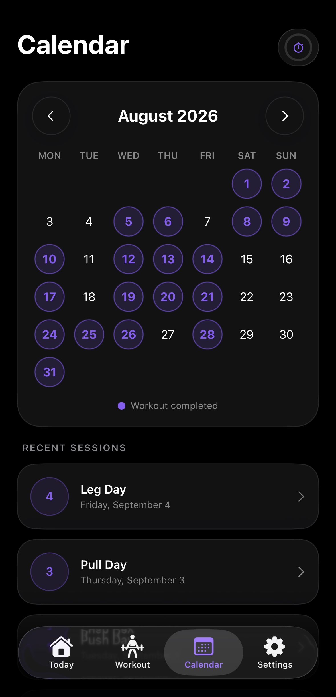 Gym2Scroll calendar with completed workouts and recent sessions