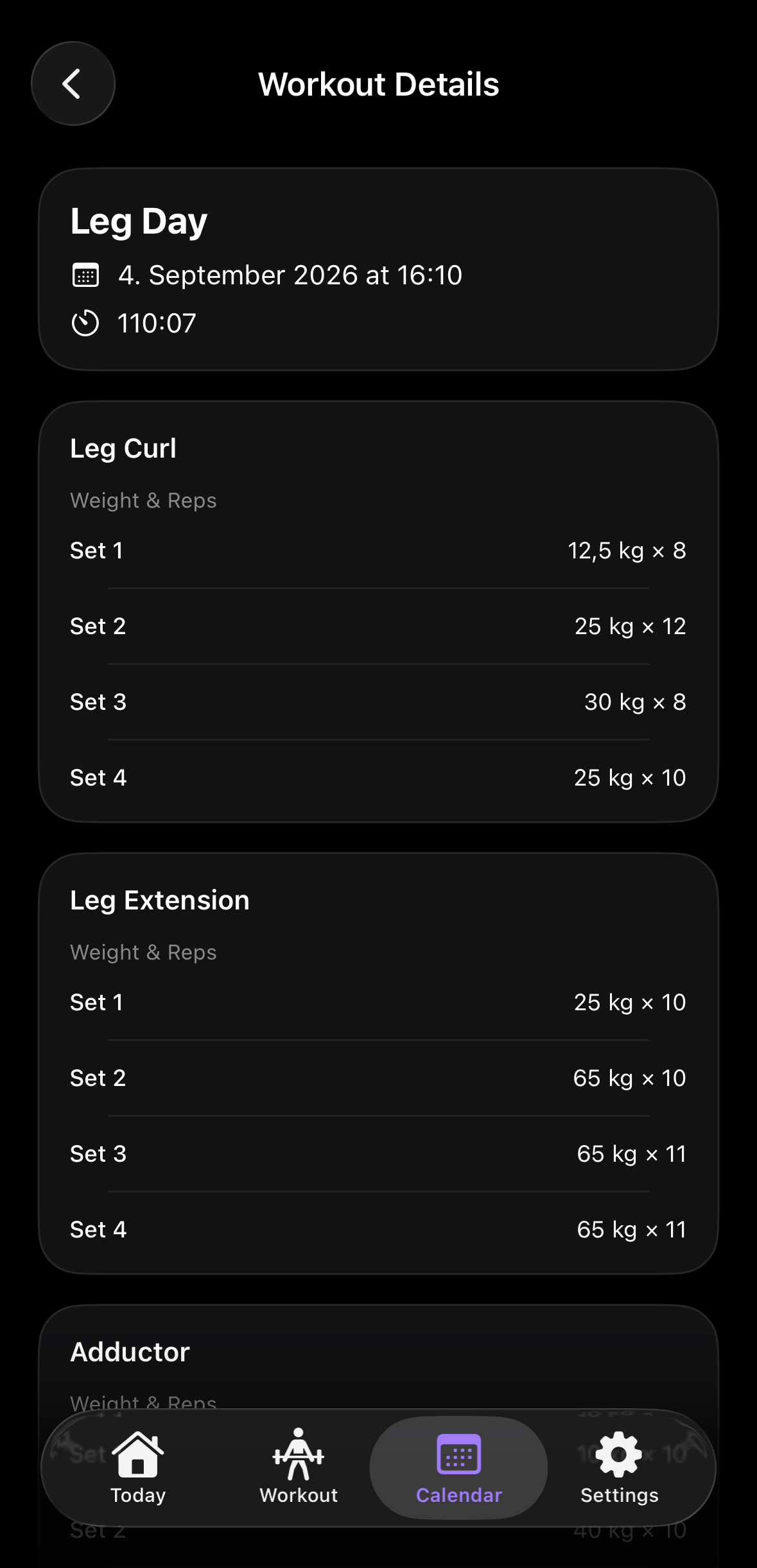 Gym2Scroll workout details with weight and repetitions for every set