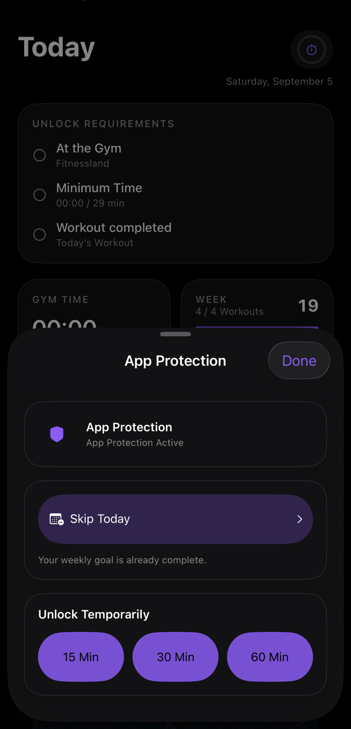 Gym2Scroll app protection with daily skip and unlock status